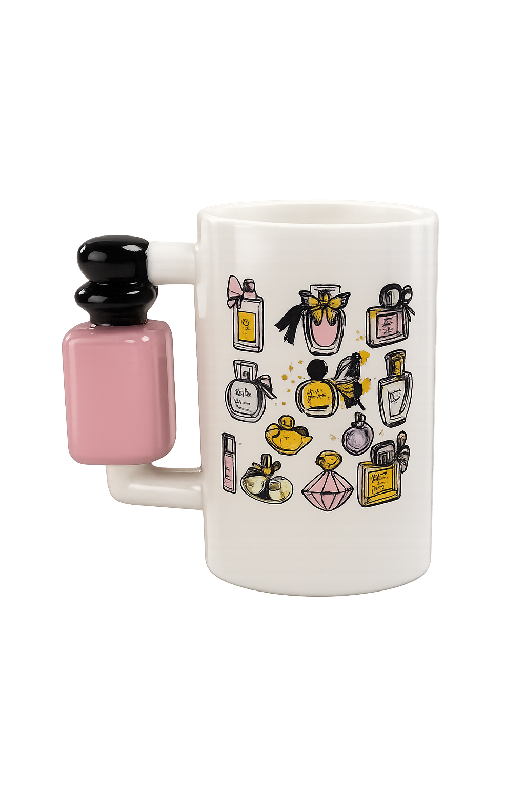 Creative Novelty Perfume Bottle Handle Ceramic Mug – Elegant White Coffee Cup
