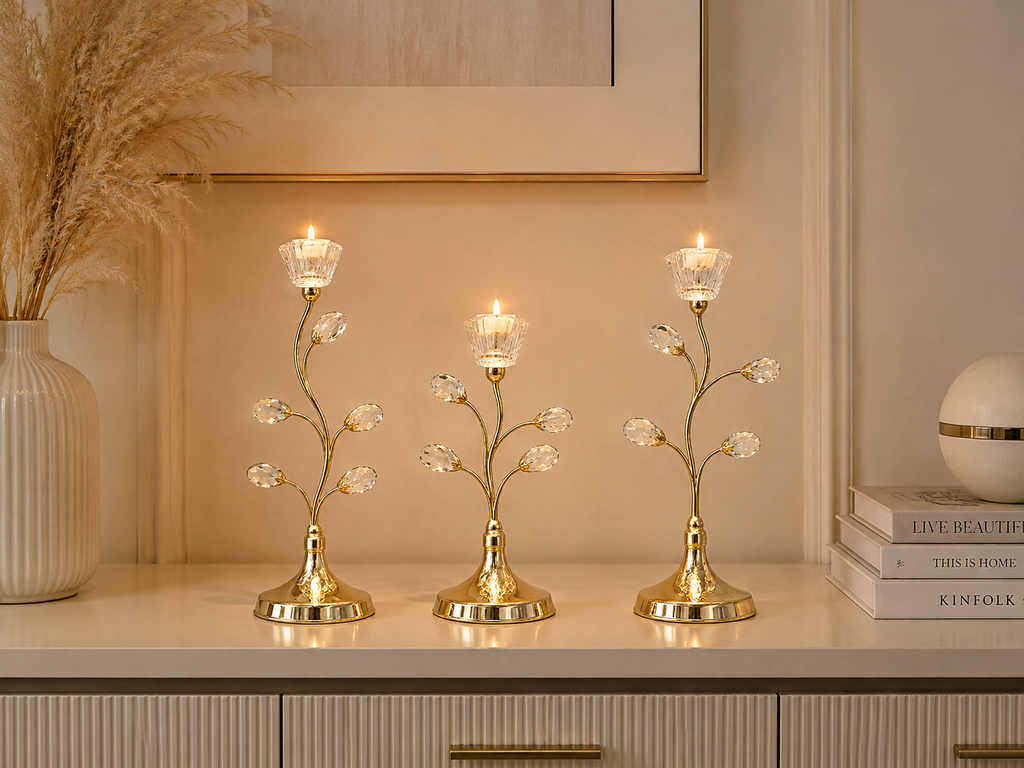 Luxury Gold Crystal Candle Holder Set – Modern Decorative Metal Tealight Candle Stands (Set of 3)