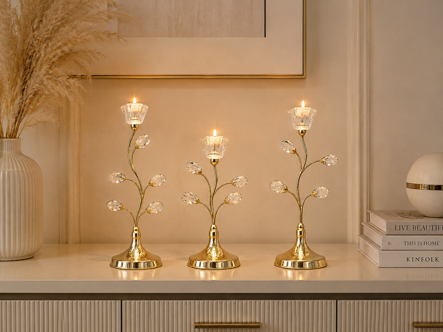 Luxury Gold Crystal Candle Holder Set – Modern Decorative Metal Tealight Candle Stands (Set of 3)