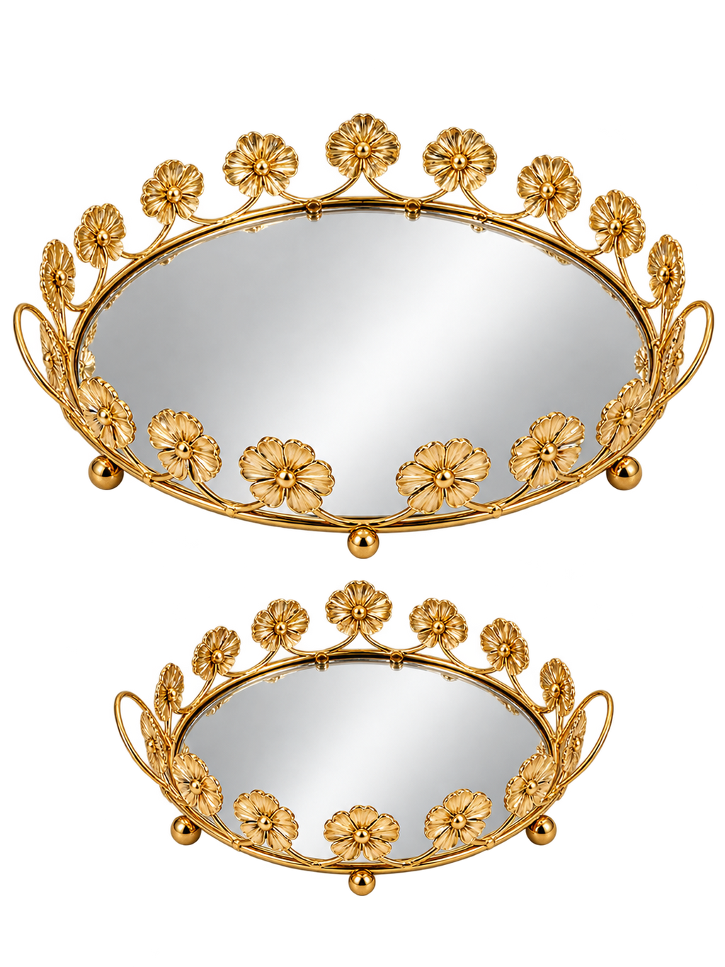 Luxury Gold Floral Decorative Mirror Tray Set – 2-Piece Vanity & Home Décor Trays