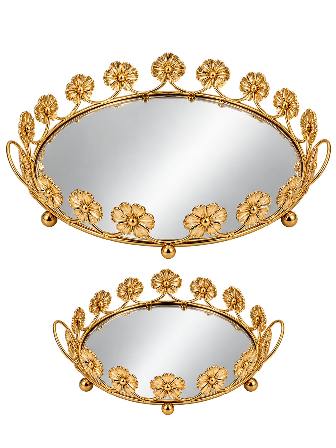 Luxury Gold Floral Decorative Mirror Tray Set – 2-Piece Vanity & Home Décor Trays