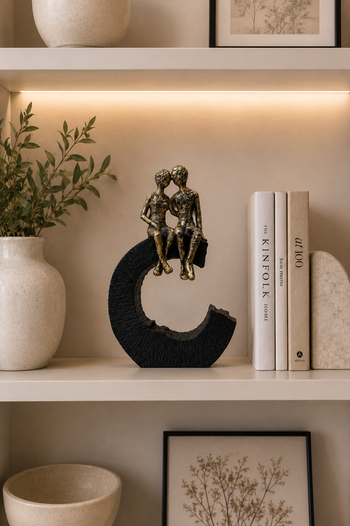 Abstract Couple Sculpture on Crescent Base – Modern Romantic Home Decor Showpiece | Black & Gold Decorative Accent