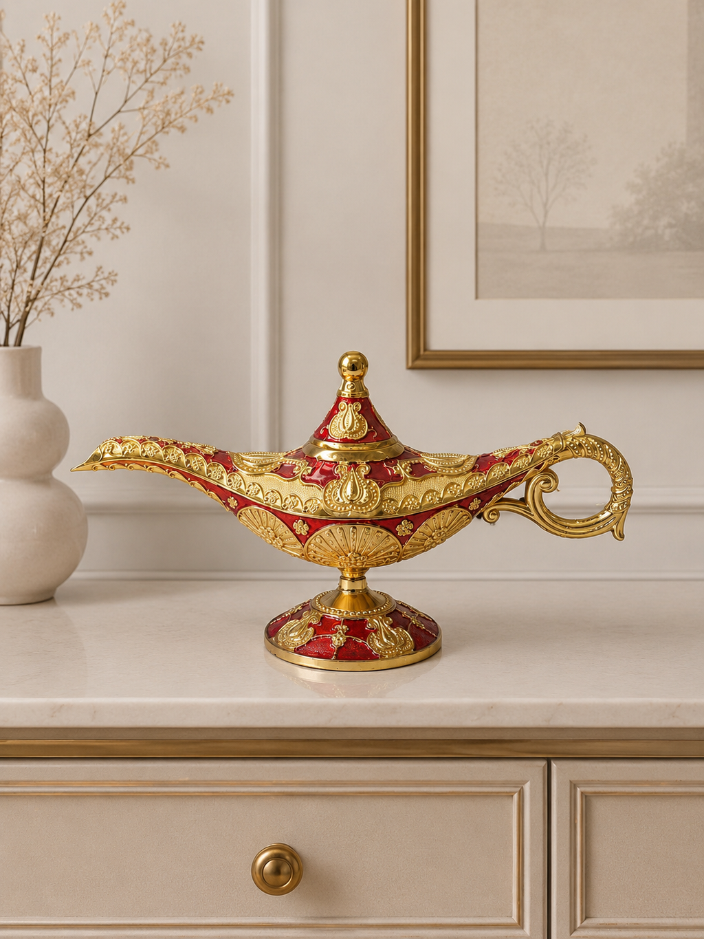 Luxury Aladdin Magic Lamp Decorative Showpiece – Red & Gold Big Size