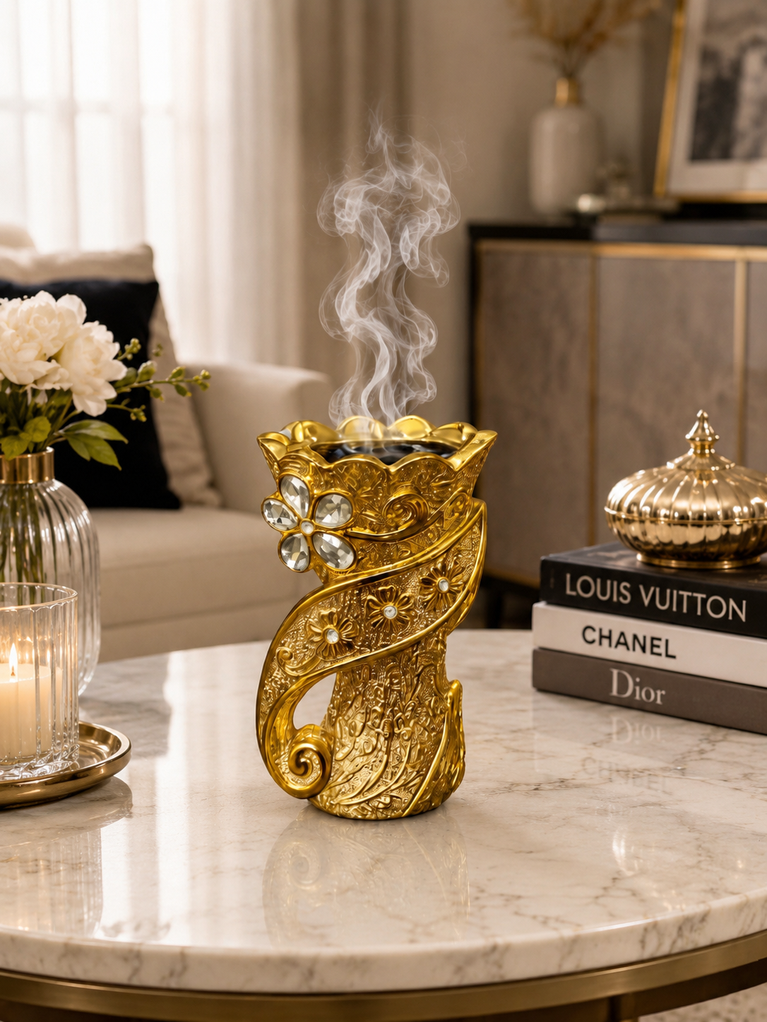Luxury Gold Decorative Bakhoor Burner with Crystal Floral Design | Traditional Incense Burner | Islamic Home Décor
