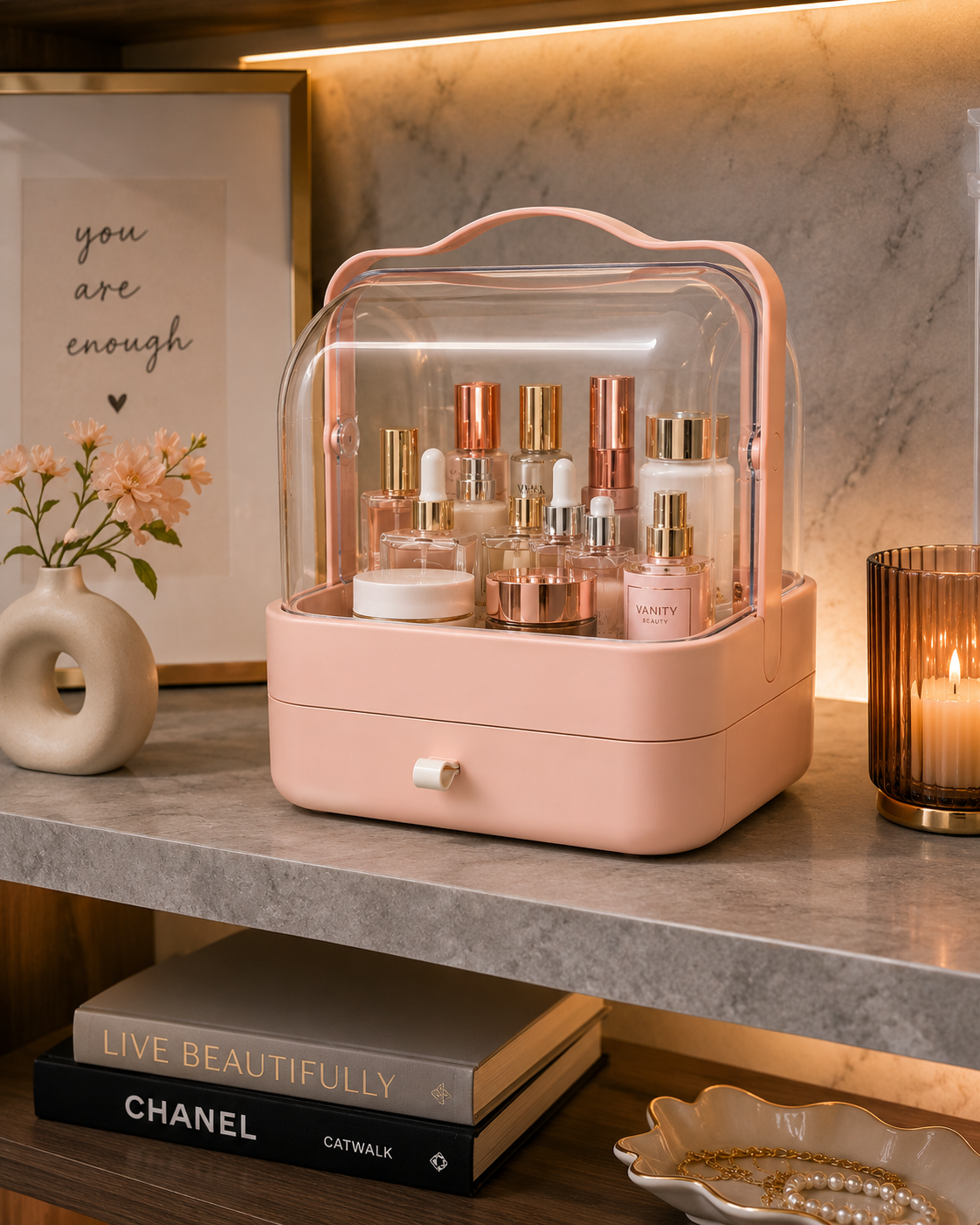 Premium Portable Makeup Organizer with Clear Dome