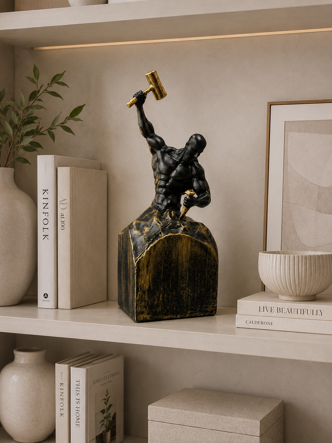 Strength & Determination Resin Sculpture – Modern Abstract Warrior Statue with Hammer (Black & Gold)