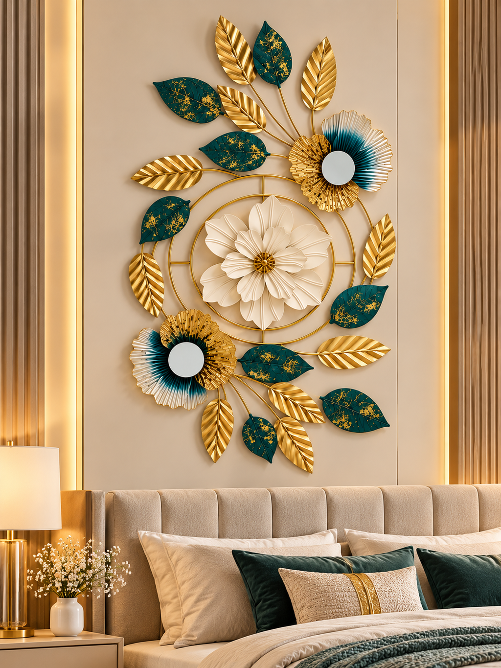 Luxury Gold & Teal Floral Wall Art – Elegant Metal Botanical Wall Décor