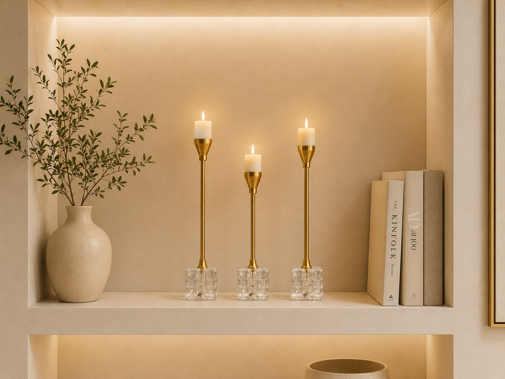 Luxury Gold Crystal Candle Holder Set of 3 – Modern Decorative Metal Candlesticks for Home Décor