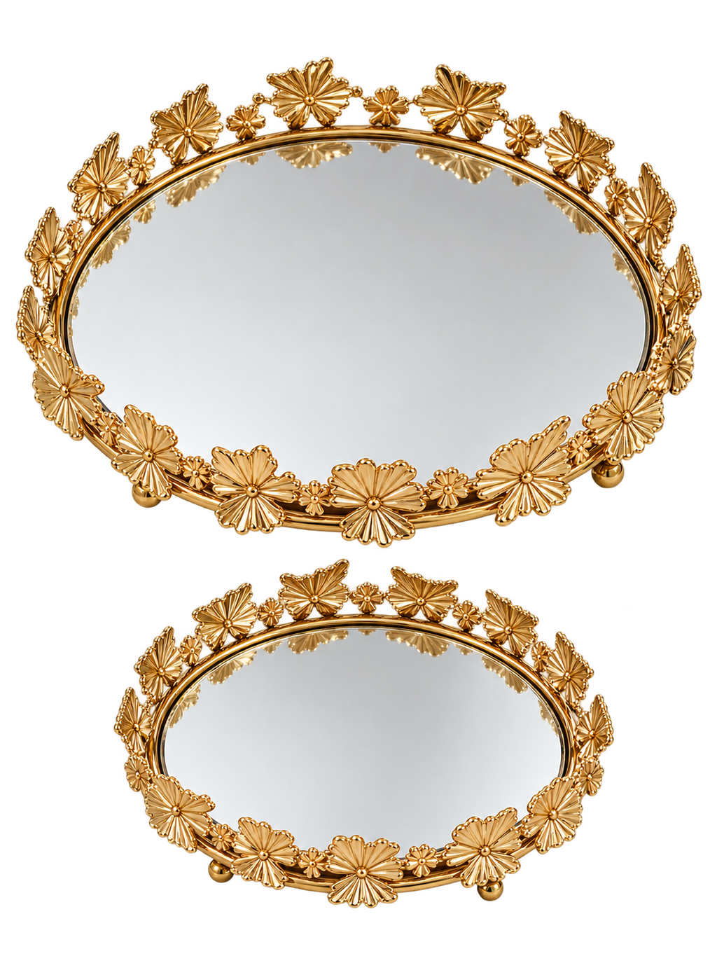 Luxury Gold Floral Mirrored Tray Set of 2 – Elegant Decorative Vanity & Serving Trays