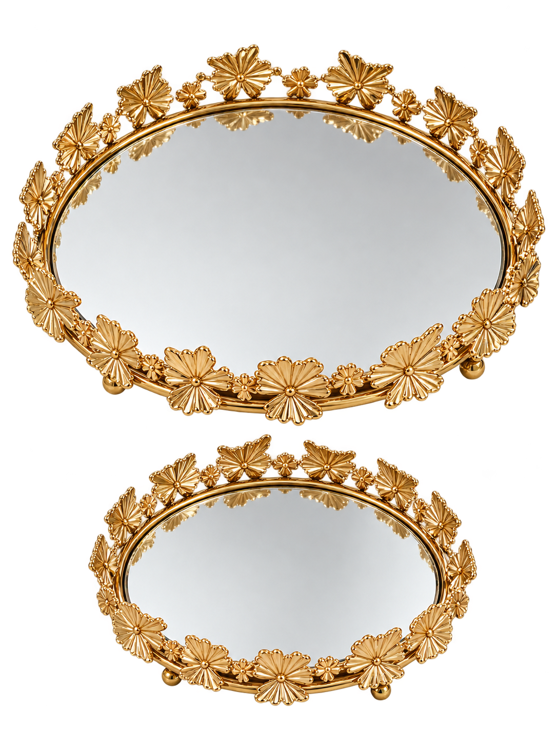 Luxury Gold Floral Mirrored Tray Set of 2 – Elegant Decorative Vanity & Serving Trays