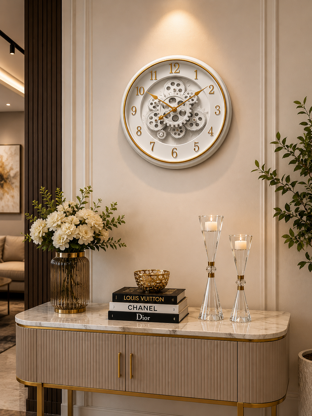 Luxury White & Gold Moving Gear Wall Clock – Modern Silent Decorative Wall Clock