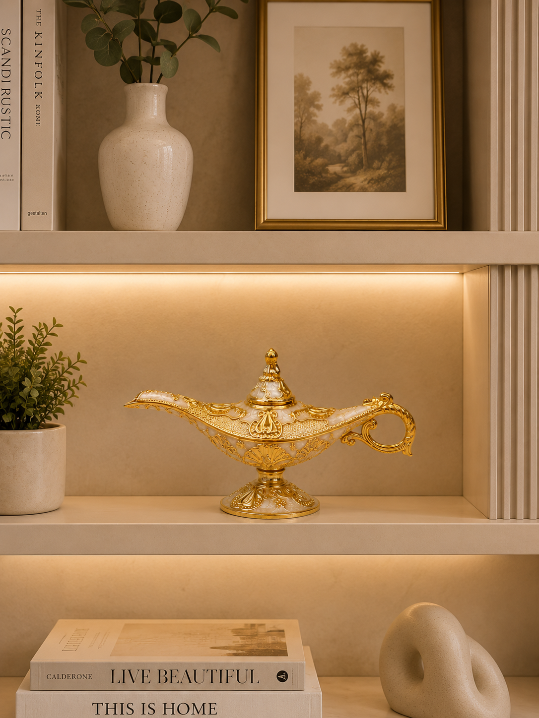 Luxury Aladdin Magic Lamp Decorative Showpiece – Gold & White Ornate Table Décor