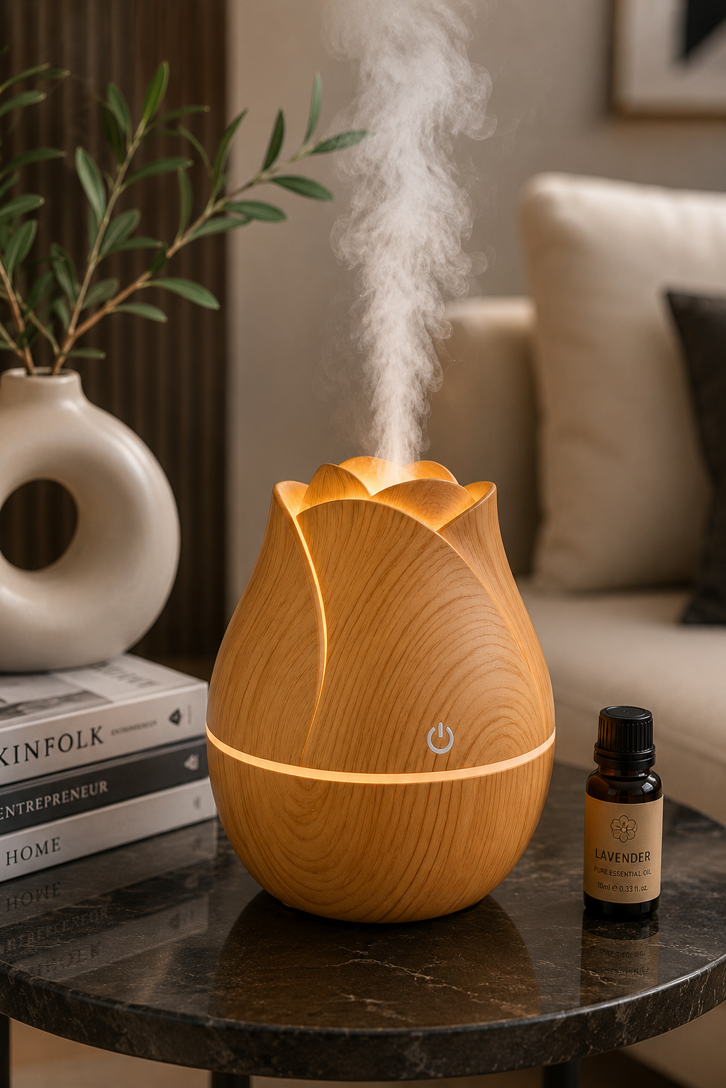 Tulip Flower Aroma Diffuser Humidifier with LED Night Light | USB Ultrasonic Essential Oil Diffuser | Wood Grain Air Humidifier