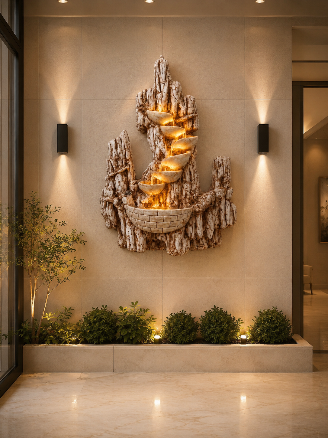 Luxury Wall-Mounted LED Water Fountain | Indoor & Outdoor Fiber Waterfall Feature with Pump