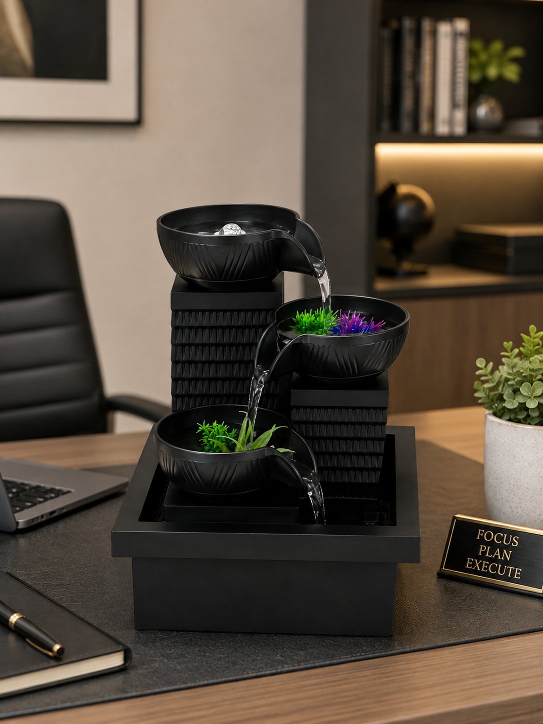 Luxury Black 3-Tier Cascading Bowl Water Fountain