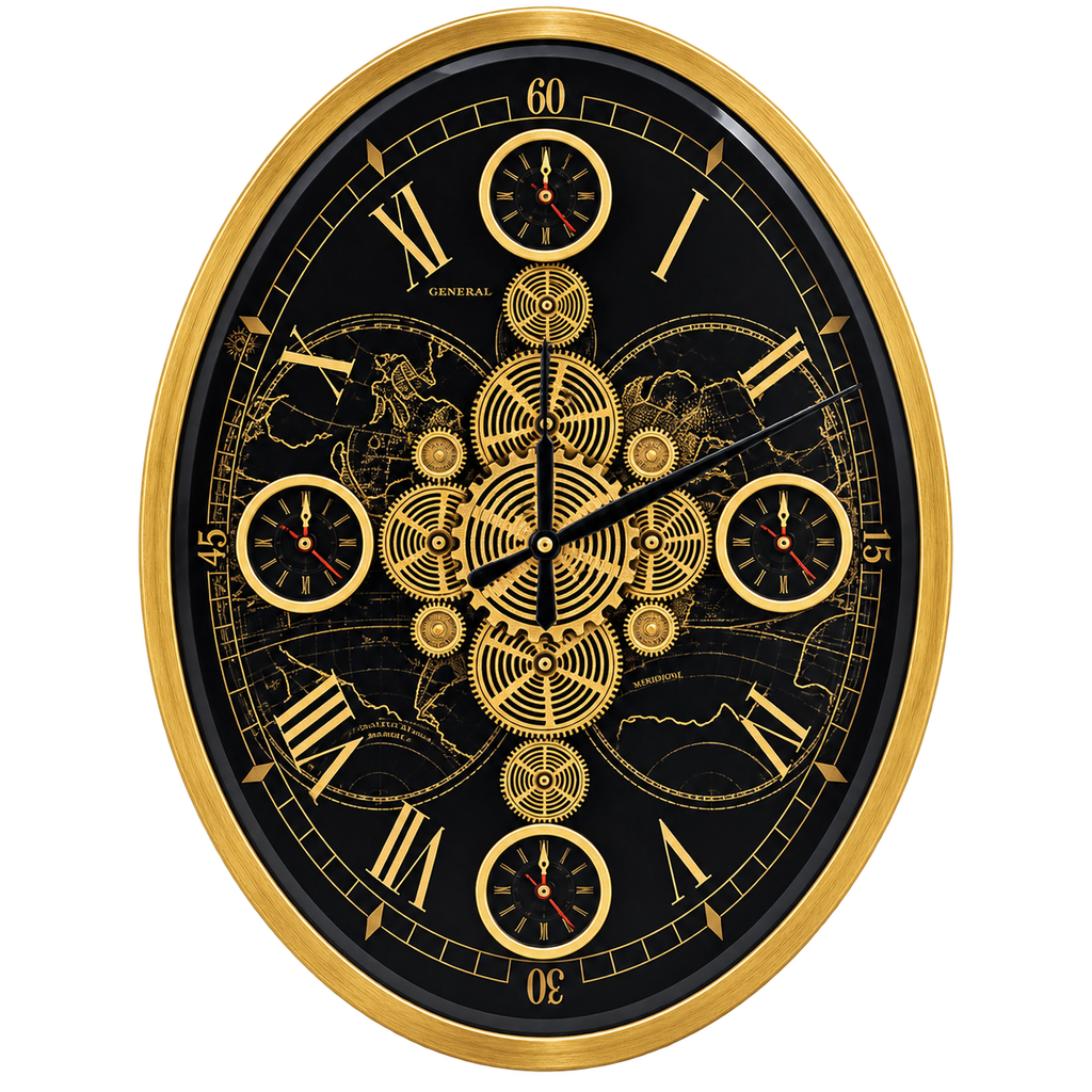 Luxury Black & Gold Decorative Wall Clock – Ornate Gear & World Map Design