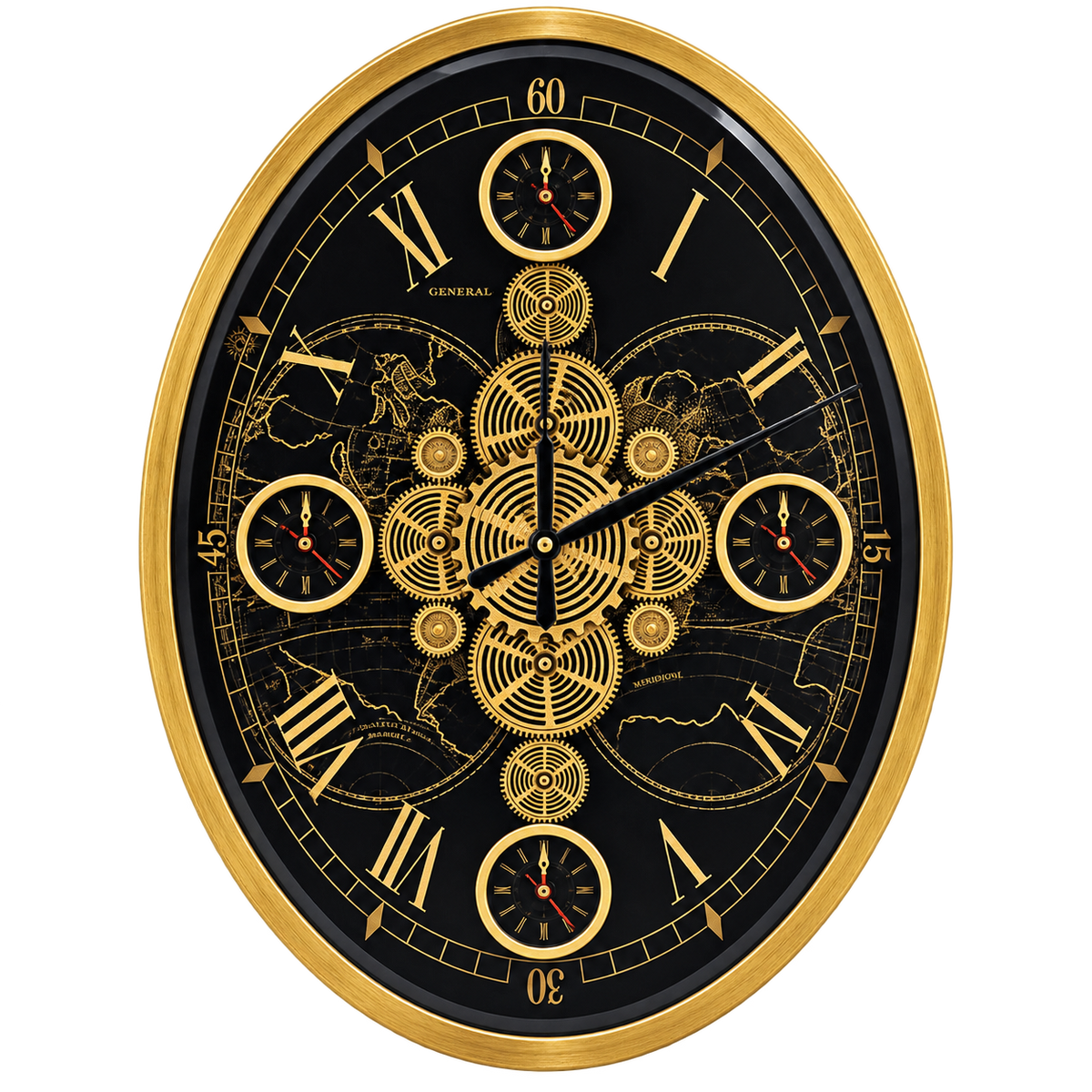 Luxury Black & Gold Decorative Wall Clock – Ornate Gear & World Map Design