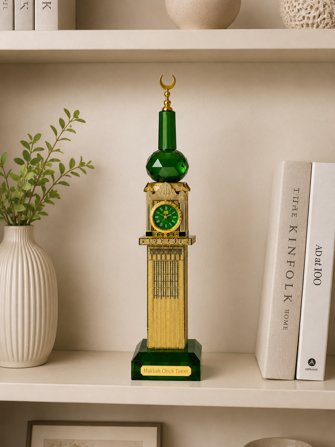 Luxury Makkah Clock Tower Islamic Decorative Showpiece – Green & Gold Tabletop Décor