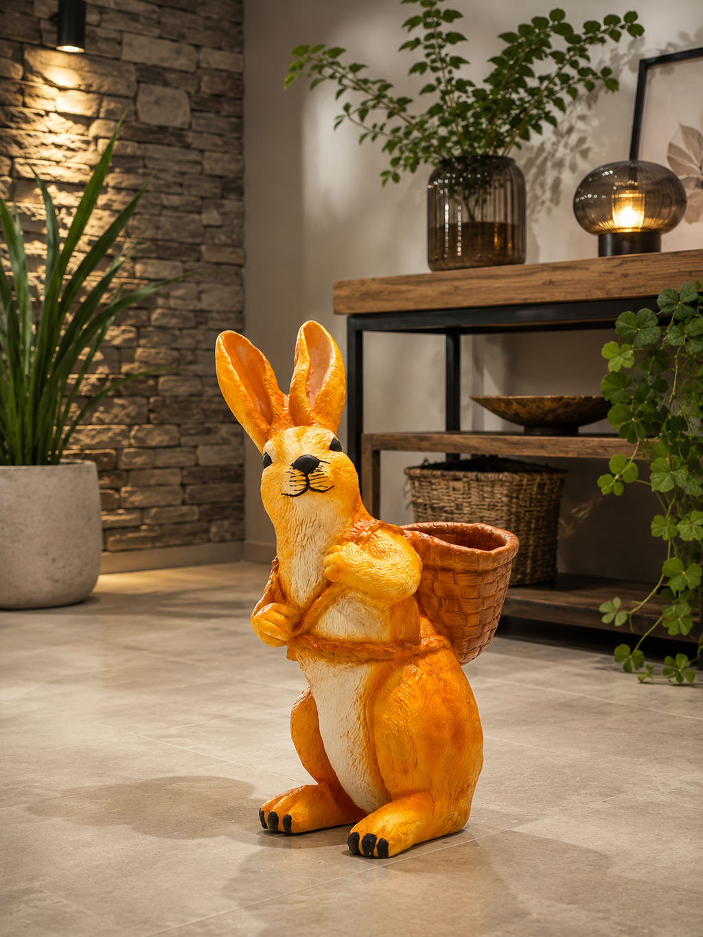 Cute Bunny Planter Statue with Basket – Decorative Resin Rabbit Flower Pot for Home & Garden Décor