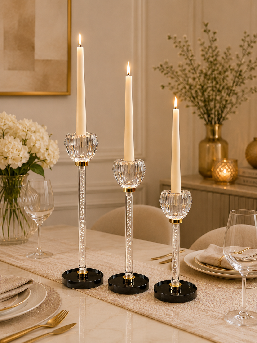 Luxury Crystal Candle Holder Set of 3 – Modern Glass & Metal Taper Candle Stand Set