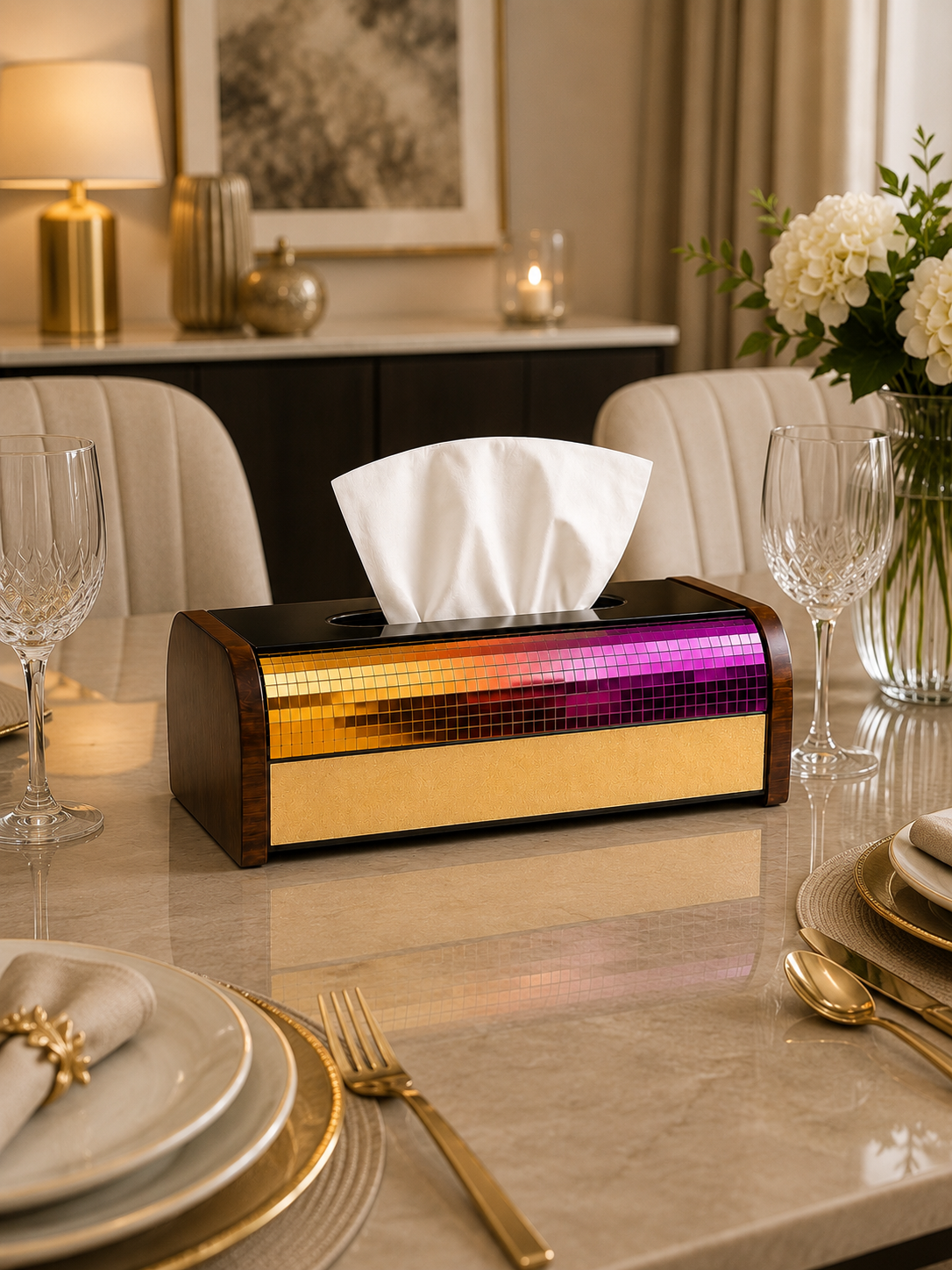 Luxury Gold Mosaic Wooden Tissue Box Holder | Premium Decorative Tissue Box Cover