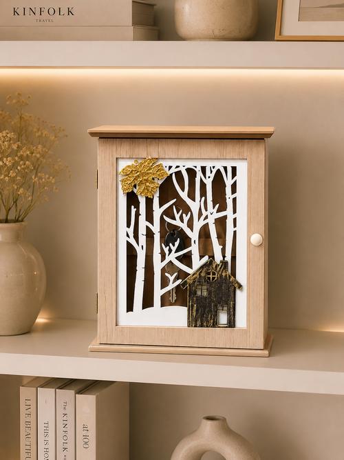 Decorative Wooden Wall-Mounted Key Holder Cabinet with Forest House Design
