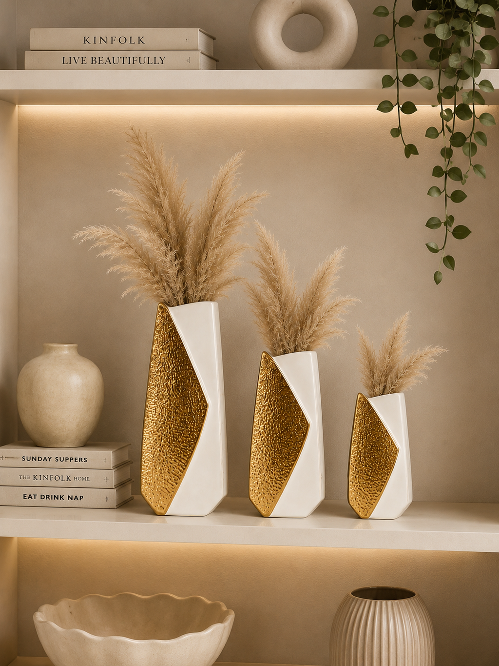 Luxury White & Gold Ceramic Vase Set of 3 – Modern Decorative Flower Vases for Home Décor