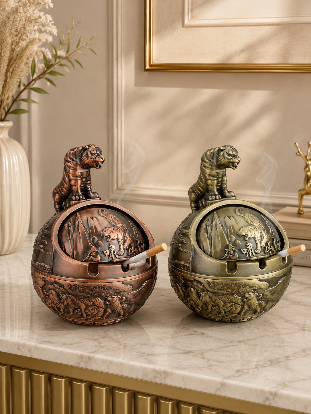 Luxury Tiger Metal Ashtray with Windproof Lid | Decorative Vintage Cigarette Ashtray | Premium Home & Office Décor