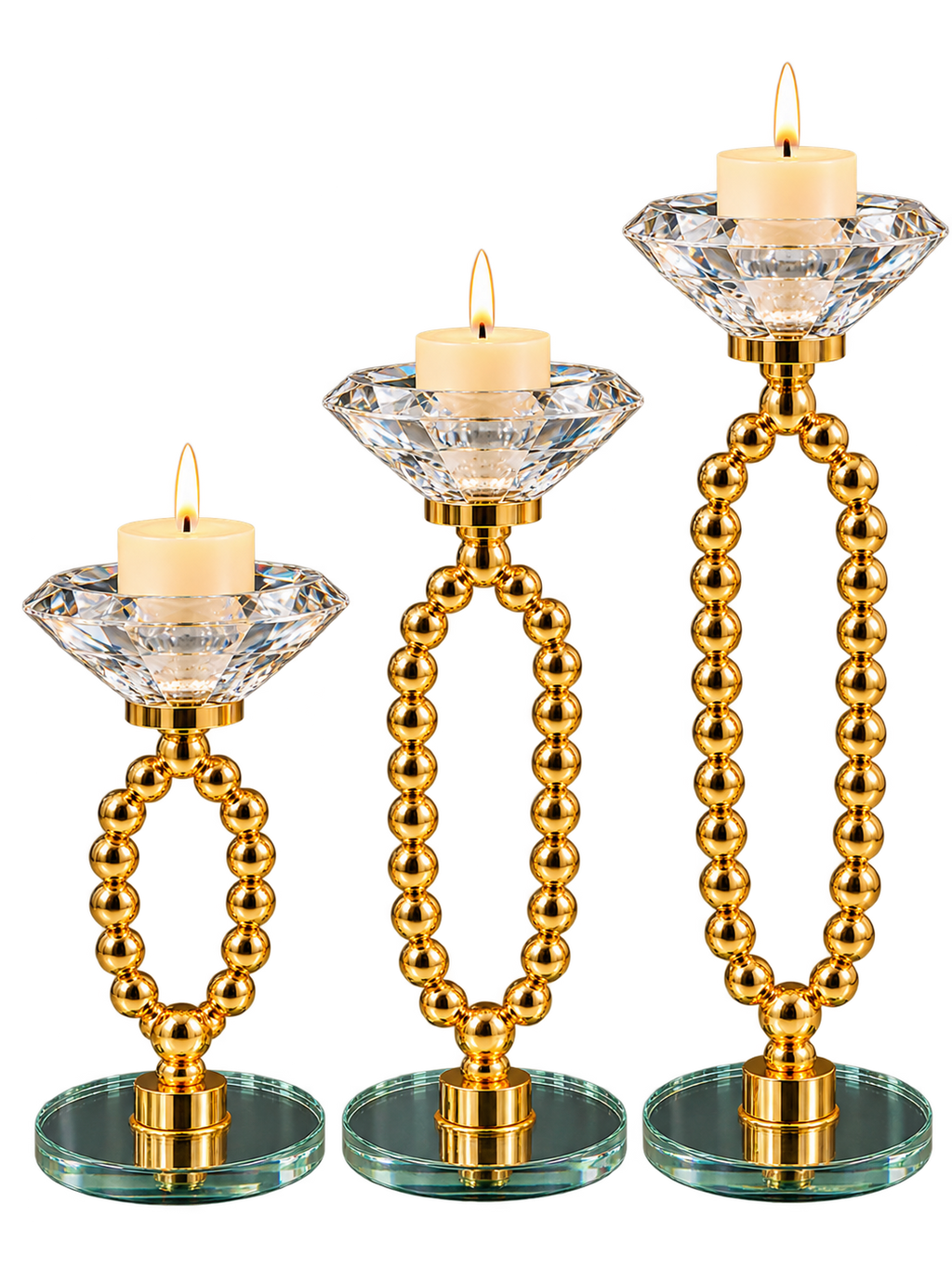 Luxury Gold Beaded 3-Piece Candle Stand Set with Crystal Holders
