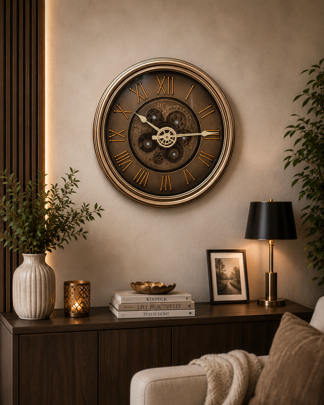 Luxury Antique Bronze Moving Gear Wall Clock – Vintage Silent Decorative Wall Clock with Roman Numerals