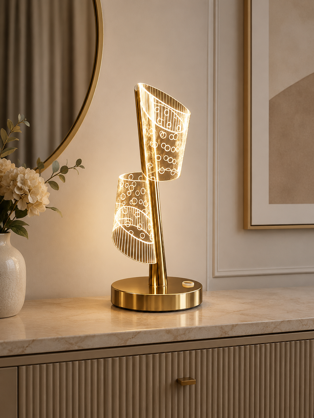 Modern LED Acrylic Table Lamp | Gold Metal Base | Warm White Decorative Bedside Lamp