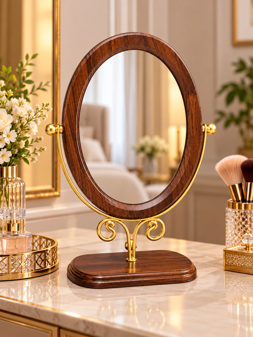 Luxury Oval Wooden Table Mirror with Ornate Gold Stand – Elegant Dressing Vanity Mirror