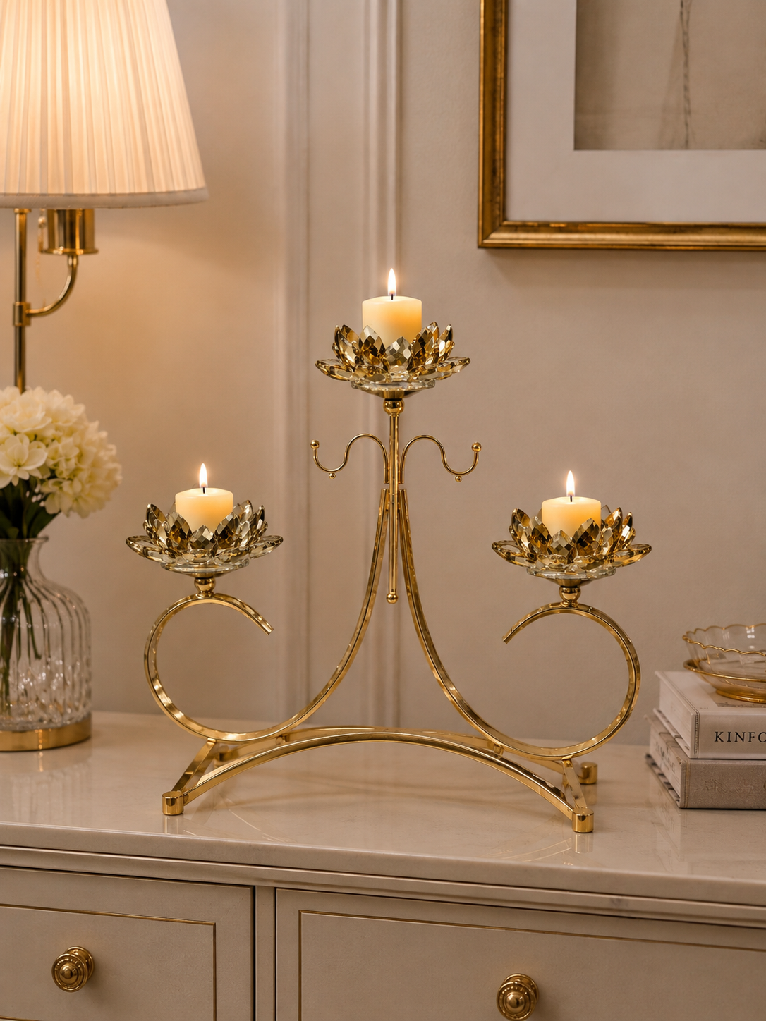 Luxury 3-Piece Crystal Lotus Candle Holder – Gold Decorative Candle Stand for Home & Dining Decor