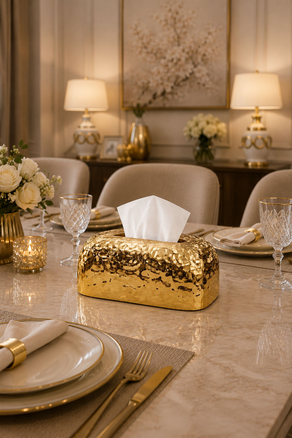 Luxury Hammered Metal Tissue Box Holder | Premium Decorative Tissue Box Cover | Gold & Rose Gold Finish