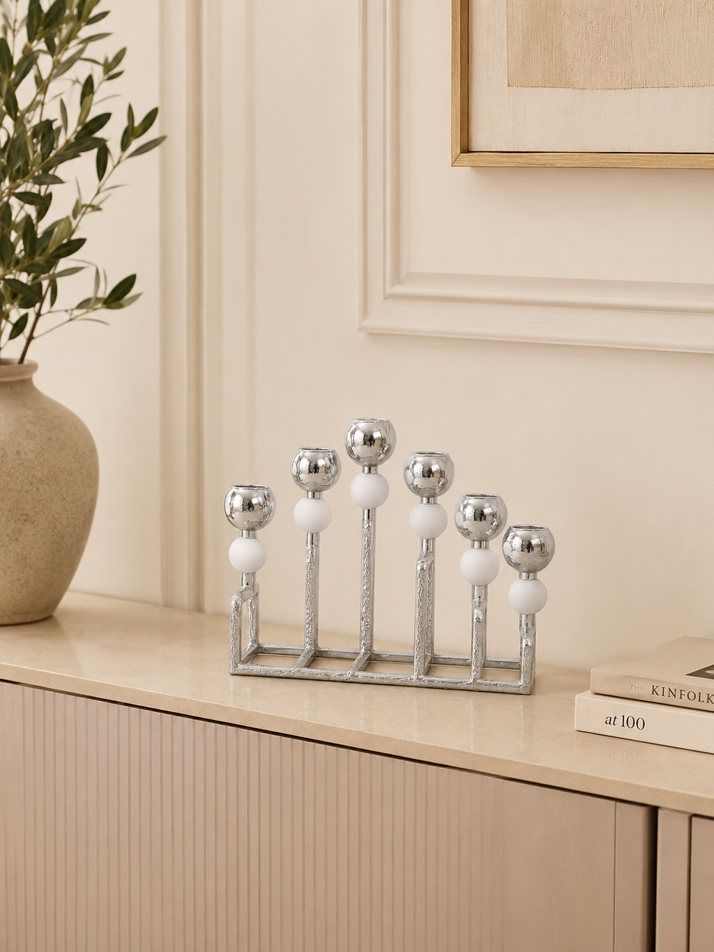 Modern 6-Light Silver Metal Candle Holder – Elegant Dining Table Centerpiece