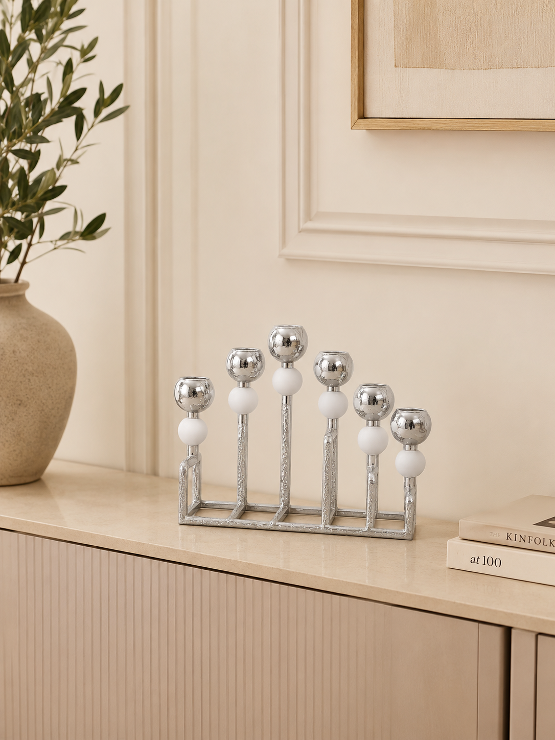 Modern 6-Light Silver Metal Candle Holder – Elegant Dining Table Centerpiece
