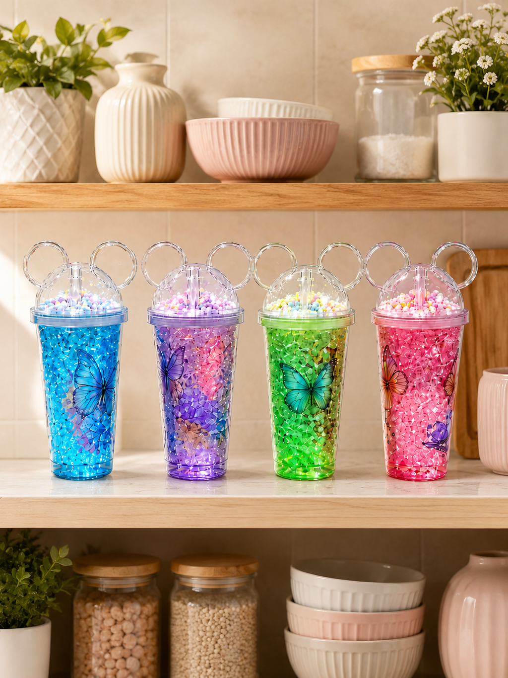 Magic Frost Ice-Gel Sipper Bottle with Mickey Ears Dome Lid & Straw | Double-Walled Butterfly Print Cooling Tumbler for Summer Drinks
