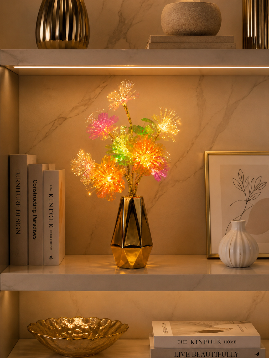 LED Fiber Optic Flower Lamp – Decorative Color-Changing Night Light with Gold Vase