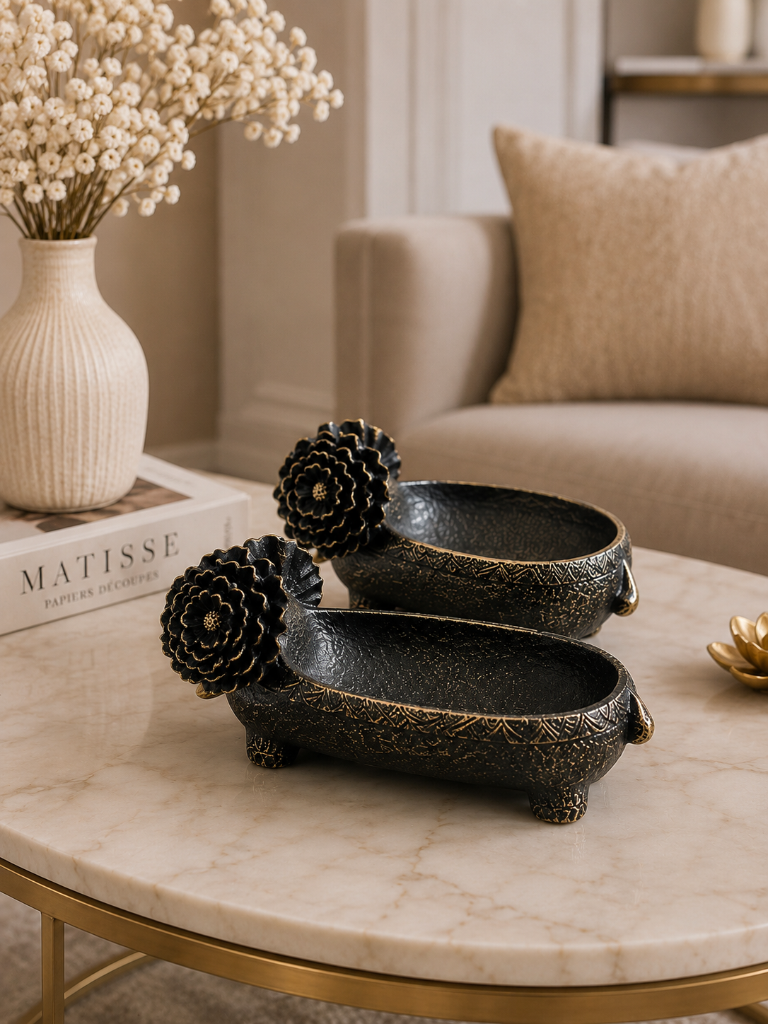 Luxury Black Elephant Decorative Bowl Set – Resin Home Décor Storage Tray (2 Pieces)