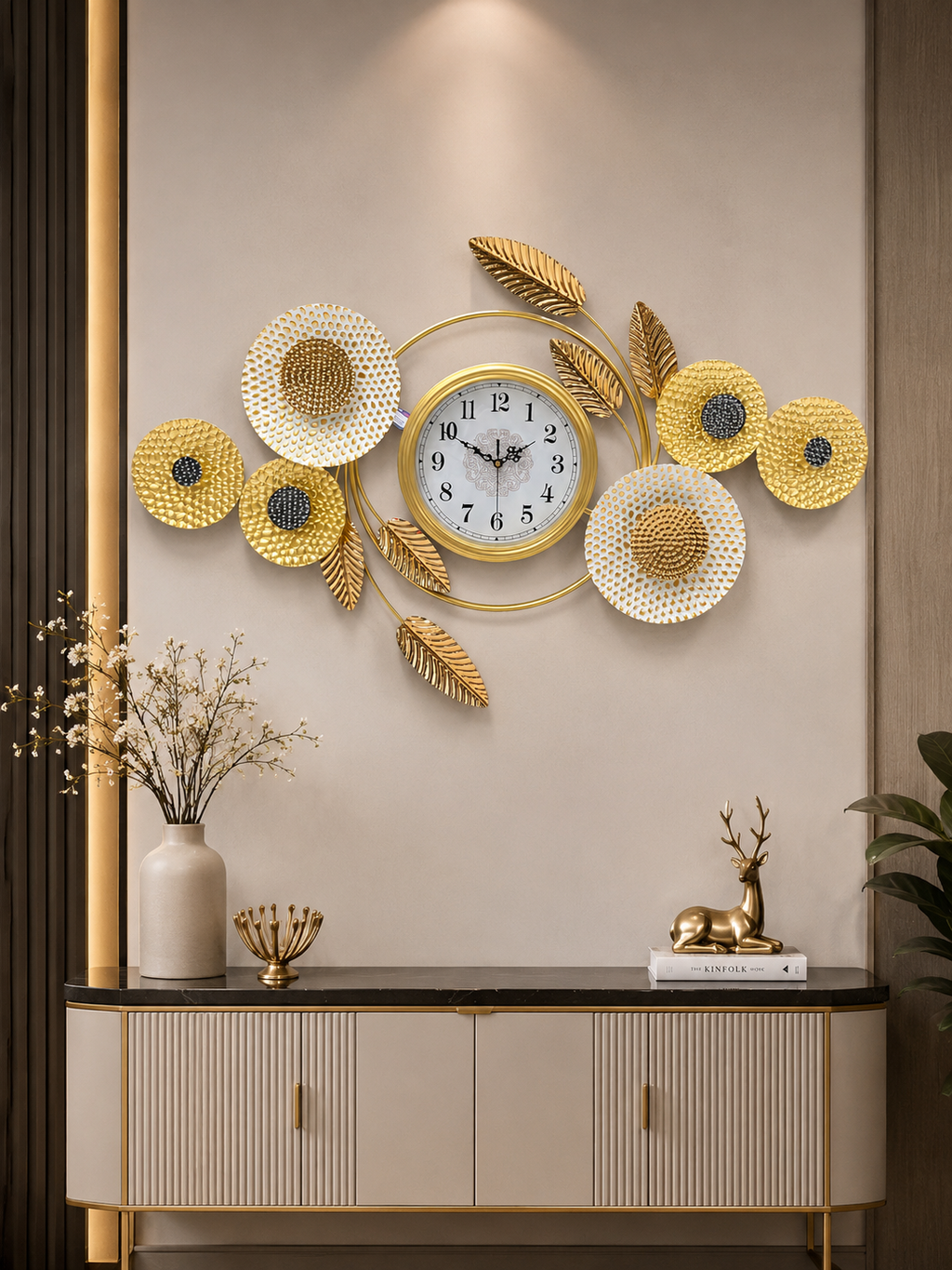 Luxury Golden Floral Wall Clock – Elegant Gold & White Flower Decorative Clock