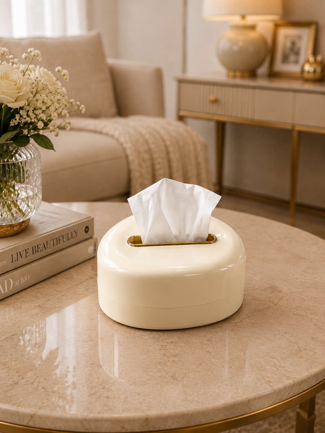 Modern Round Tissue Box Holder | Luxury Minimalist Tissue Case | Premium Decorative Plastic Tissue Organizer