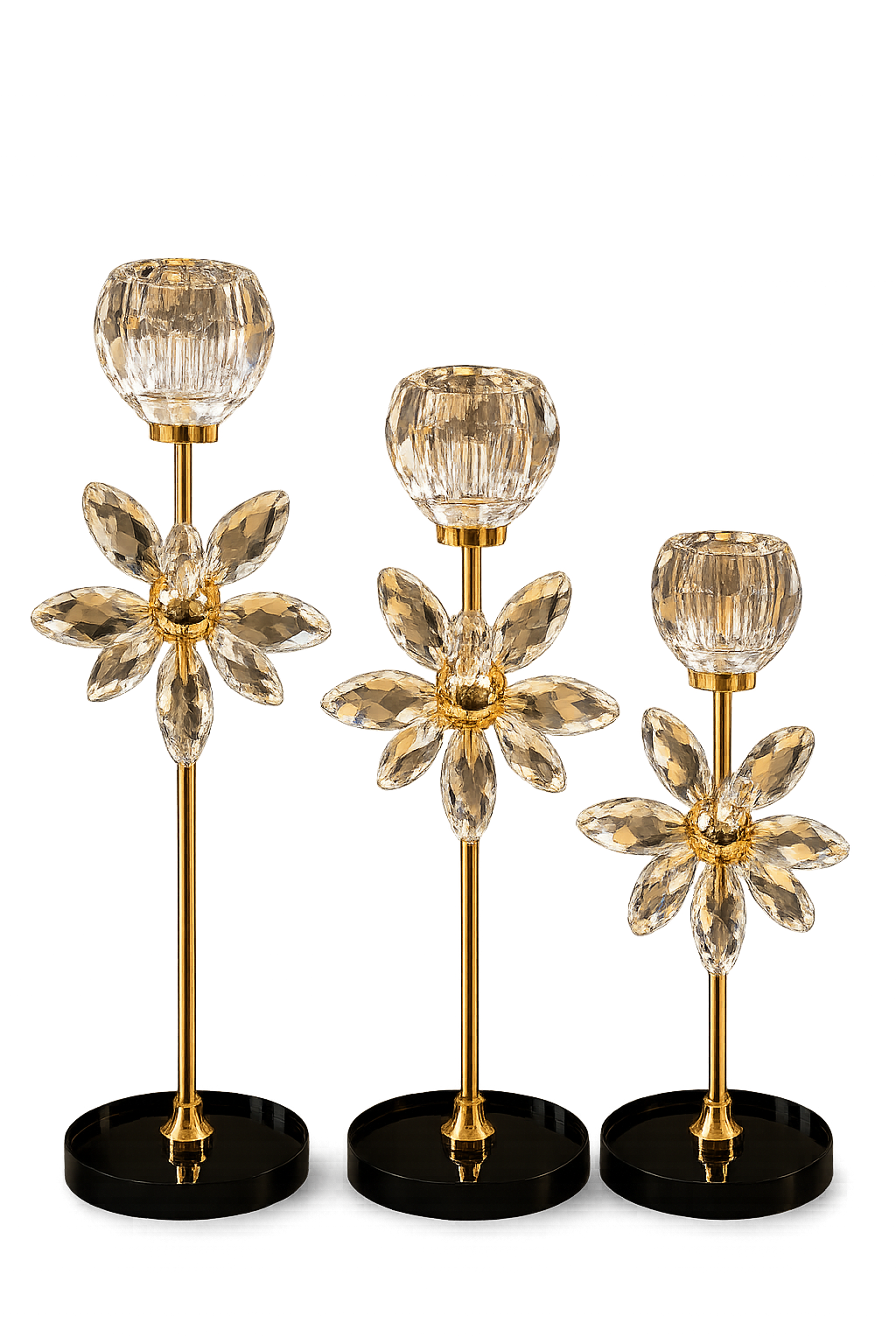 Luxury Crystal Flower Candle Holder Set of 3 – Modern Glass Taper Candle Stand with Black Base