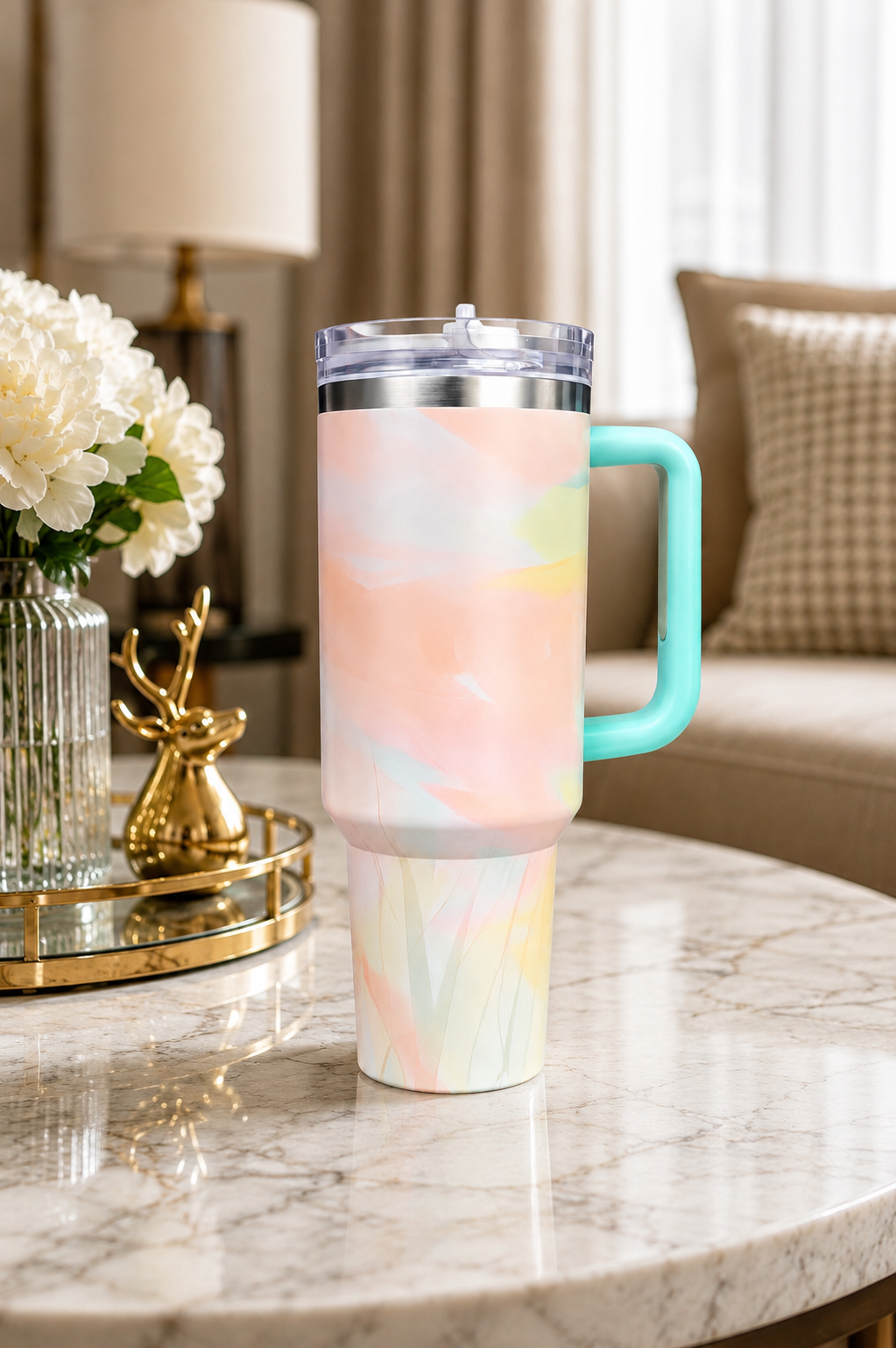 40oz Pastel Marble Stainless Steel Travel Tumbler with Handle & Straw Lid – Insulated Vacuum Mug