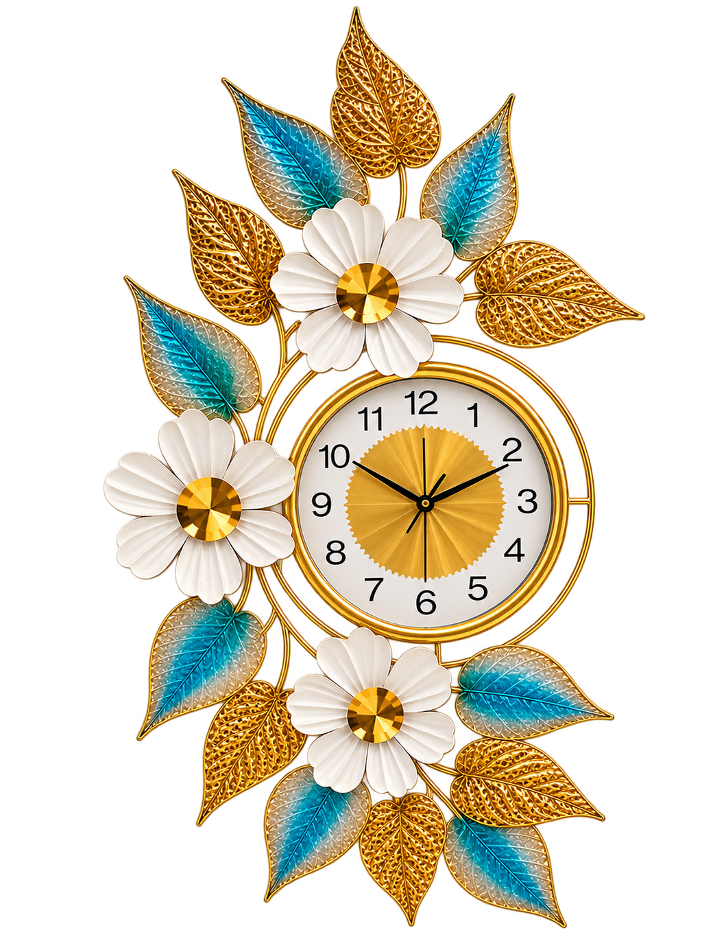 Luxury Gold & Turquoise Floral Wall Clock – Elegant Metal Leaf & Flower Décor