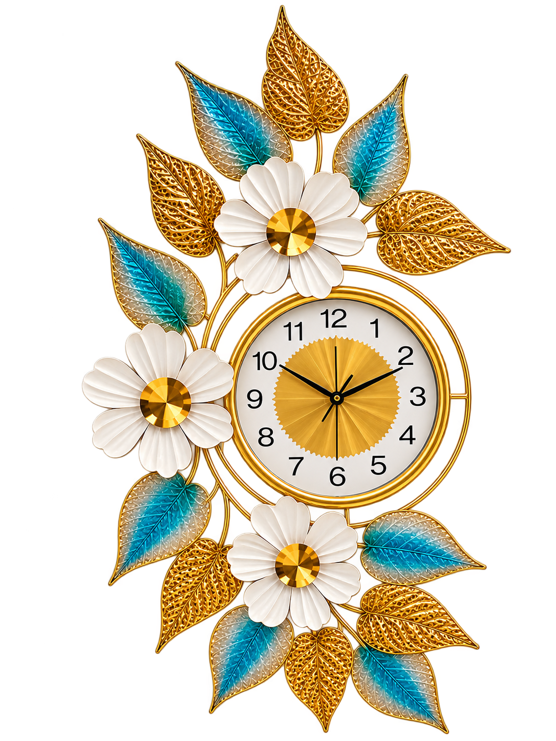 Luxury Gold & Turquoise Floral Wall Clock – Elegant Metal Leaf & Flower Décor