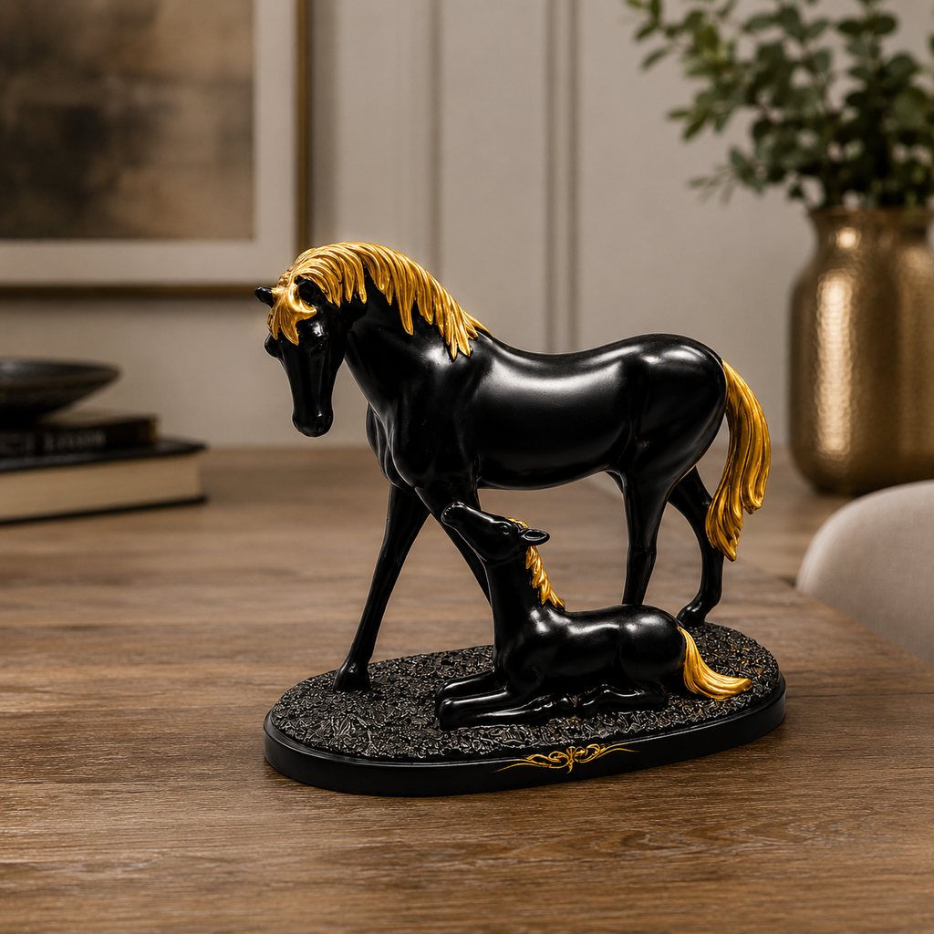 Fiber Horse Majestic Bond Mare & Foal Statue – Premium Black & Gold Resin Collectible Sculpture For Luxury Home & Executive Office Decor