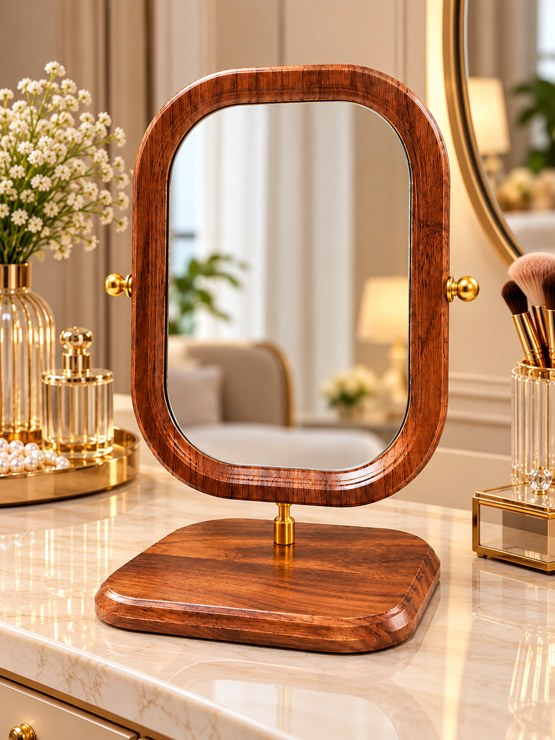 Luxury Wooden Frame Table Mirror with Gold Accents – Elegant Dressing Mirror