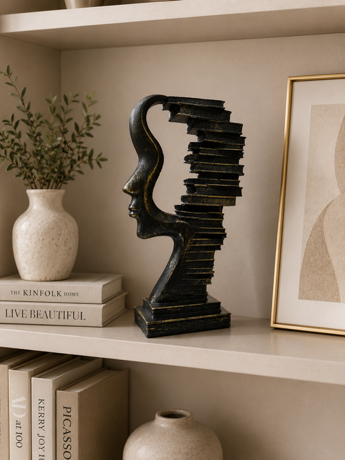 Abstract Face Books Sculpture | Modern Resin Face Statue | Artistic Bookshelf Décor Showpiece
