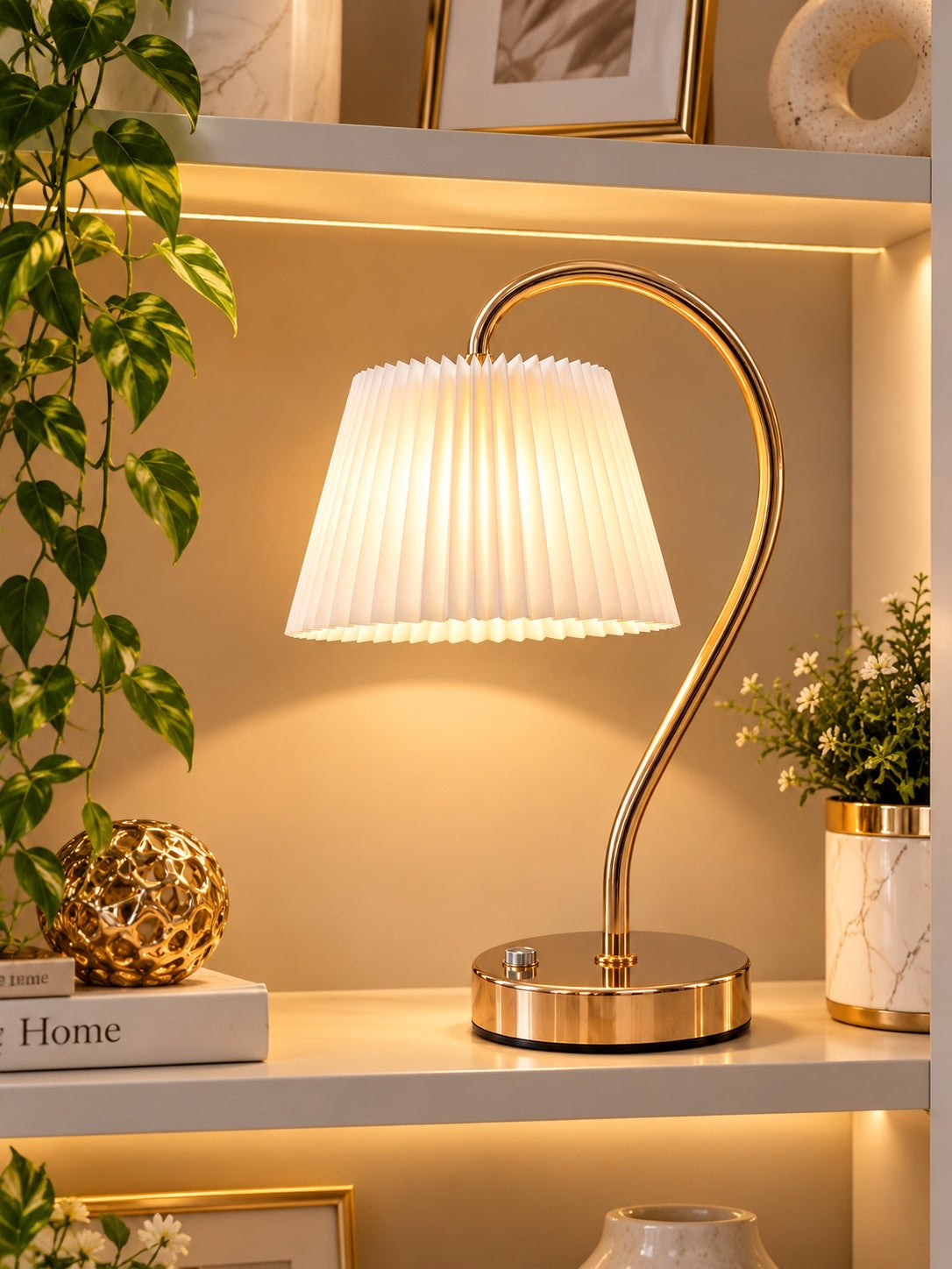 Luxury Gold Arc Table Lamp with Pleated White Shade