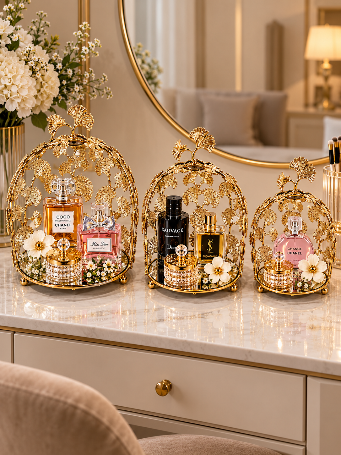 Luxury Gold Ginkgo Leaf Mirrored Decorative Tray Set of 3